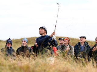 Rasmus Hojgaard hitting a bunker shot at the Irish Open in 2024