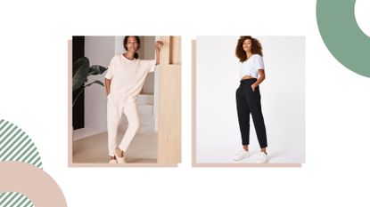 composite feature image featuring two models wearing some of the best joggers for women, including fleece backed joggers from The White Company and Black joggers from Sweaty Betty