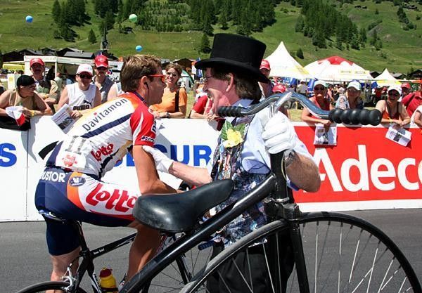 "If you ride this, it'll be good training for the Tour!" Cadel Evans (Davitamon-Lotto) just resists the opportunity to do 3,500 metres of climbing on a penny-farthing.