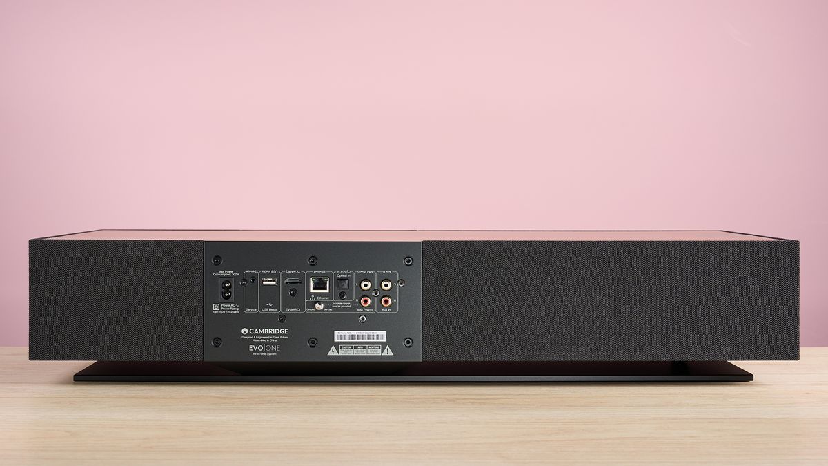 The rear of the Cambridge Audio Evo One showing its various ports. The ports are to the left of the centre, and are aligned neatly in a row and labelled clearly.