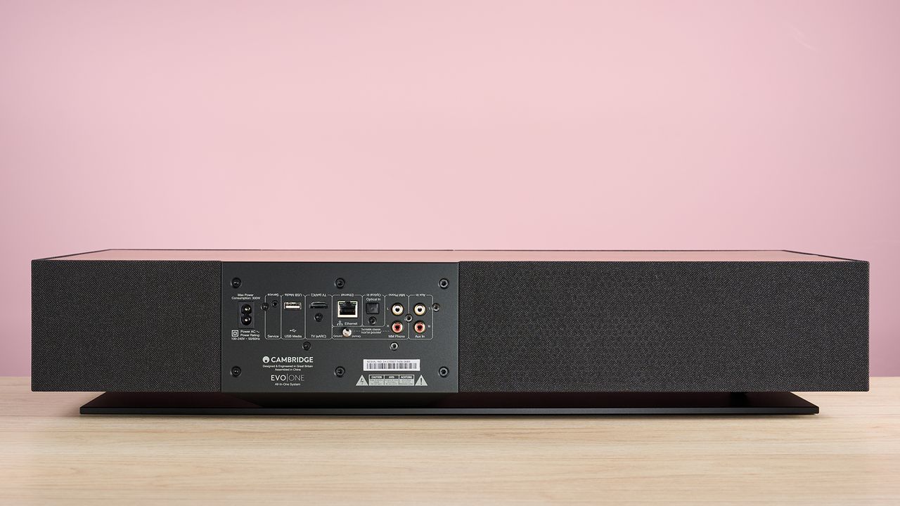 The rear of the Cambridge Audio Evo One showing its various ports. The ports are to the left of the centre, and are aligned neatly in a row and labelled clearly.