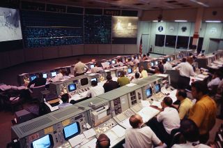 NASA's Mission Operations Control Room as seen during the 1969 Apollo 11 first moon landing mission.