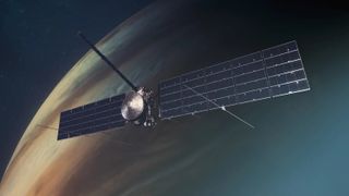 illustration of a spacecraft with large solar arrays near jupiter