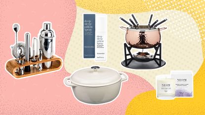Amazon Christmas gifts graphic with bar set, sleep spray, white casserole dish, fondue set and candle