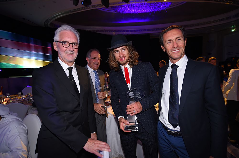 UCI President Brian Cookson and world champion Peter Sagan at the 2016 UCI Gala in Abu Dhabi