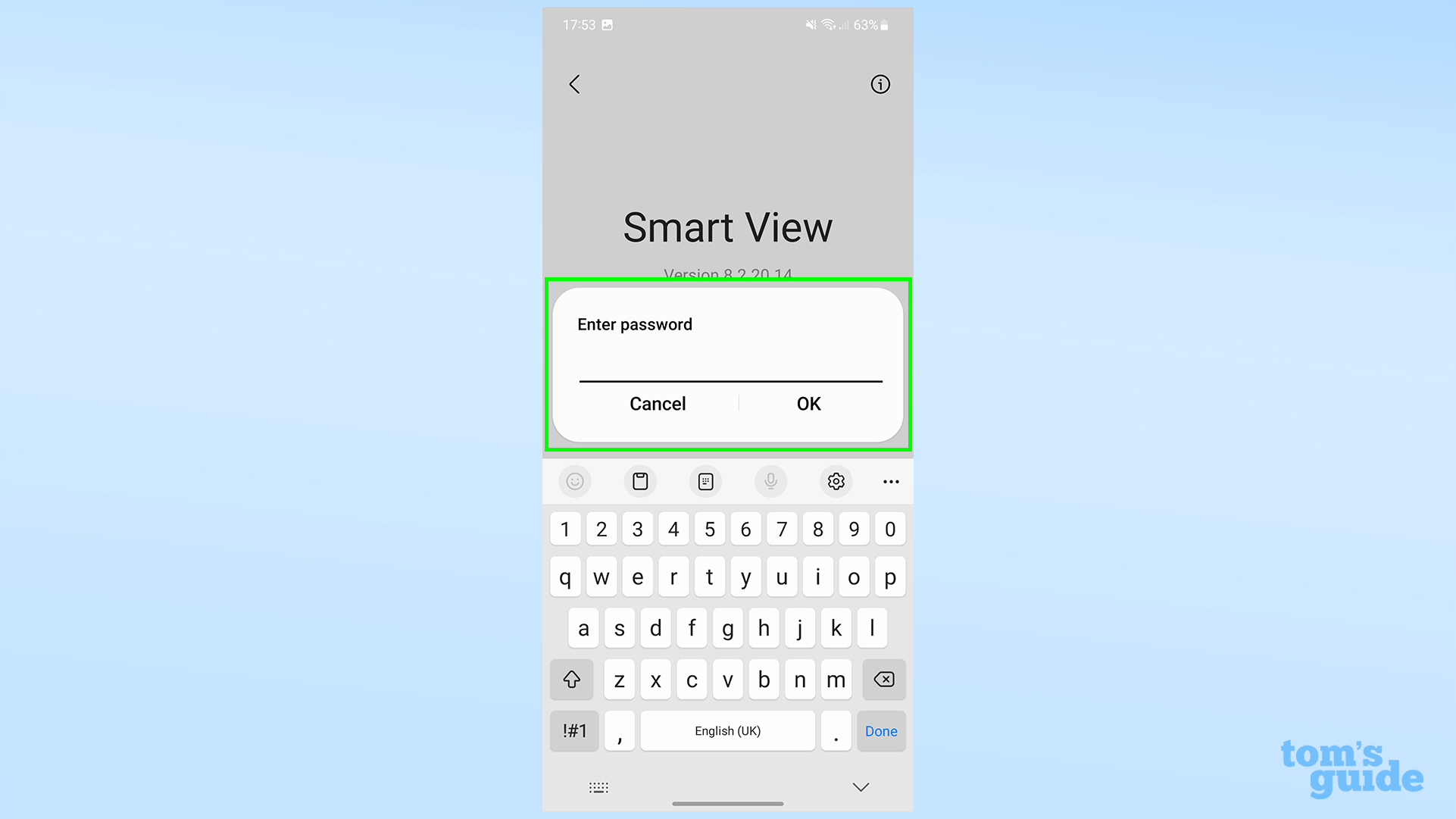 Снимок экрана, на котором показано, как Galaxy S23 запрашивает пароль для доступа к параметрам разработчика Smart View.