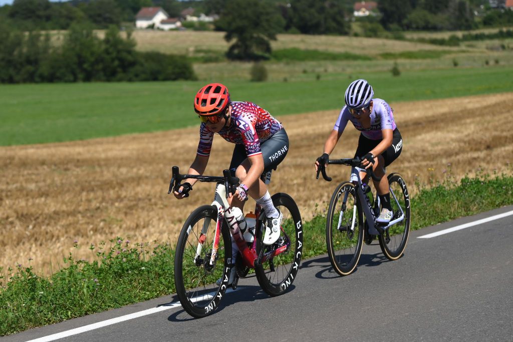 MORTEAU FRANCE AUGUST 16 LR Audrey CordonRagot of France and Team Human Powered Health and Iurani Blanco of Spain and Team Laboral Kutxa Fundacion Euskadi compete in the breakaway during the 3rd Tour de France Femmes 2024 Stage 6 a 1592km stage from Remiremont to Morteau UCIWWT on August 16 2024 in Morteau France Photo by Alex BroadwayGetty Images