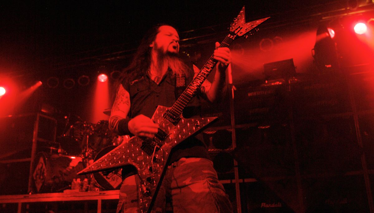 Dimebag Darrell performs onstage with Damageplan at SOMA in San Diego, California on May 2, 2004