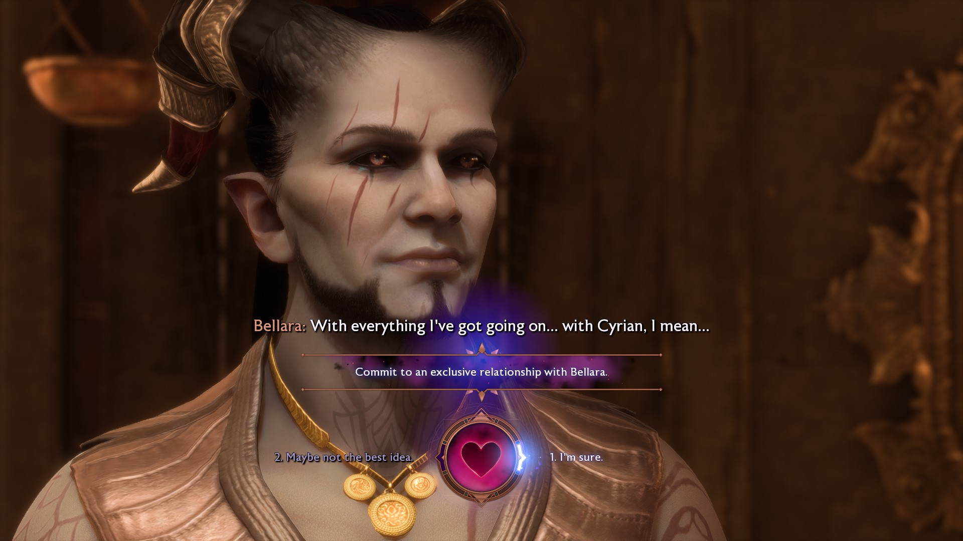 A qunari rook considers whether to fully commit to a romantic relationship with Bellara in Dragon Age: The Veilguard.