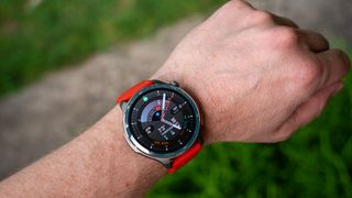 The Amazfit Balance 2 smartwatch with an orange band