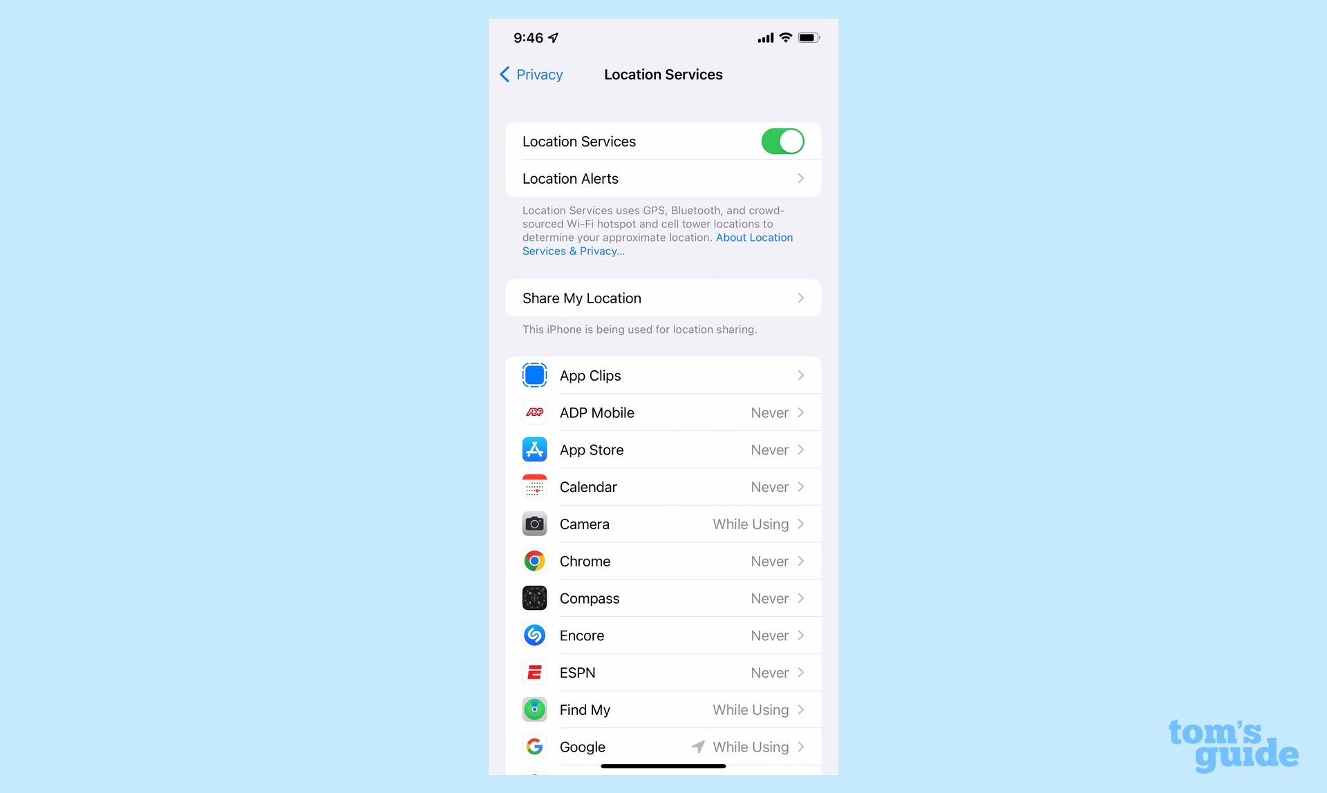 Plasseringsinnstillinger for apper på iOS 15
