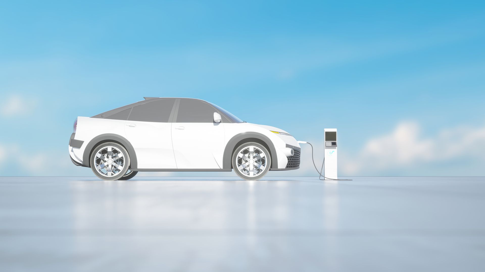 rendering of an electric vehicle next to a charging station