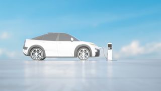 rendering of an electric vehicle next to a charging station