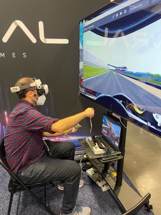 The author playing VRider at GDC 2024.