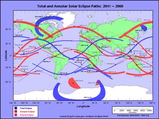 This map shows annular and total solar eclipses that will occur between 2041 and 2060.