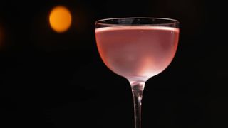 side shot of a pink cocktail in a nick and nora glass against a black background