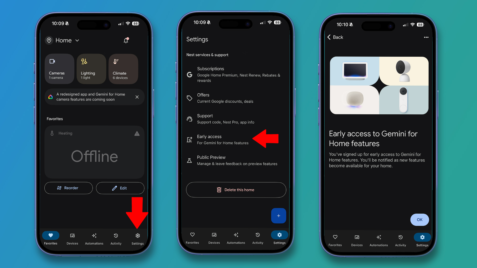 Three phones on a blue and green background showing the Google Home app