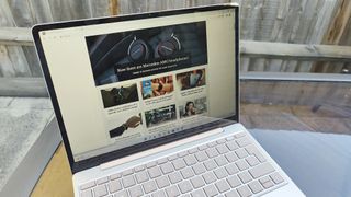 Microsoft Surface Laptop Go 2 review: laptop screen close up by a fence