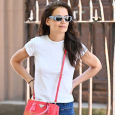 Katie Holmes spotted in New York wearing jeans and a white t-shirt