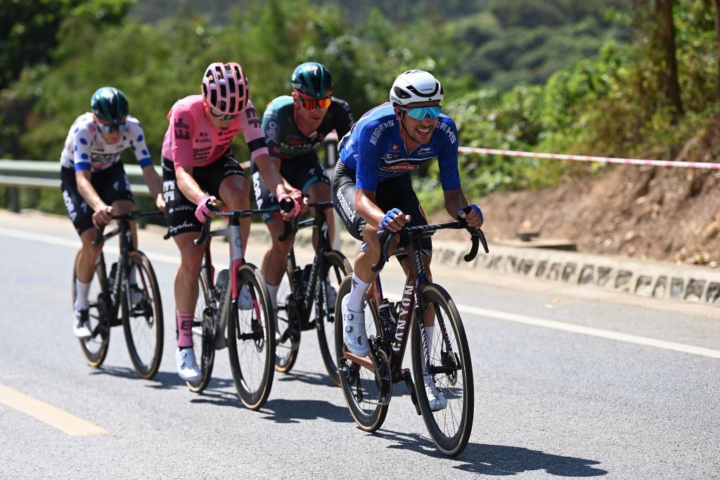 GUILIN CHINA OCTOBER 16 Dries De Bondt of Belgium and Team AlpecinDeceuninck Blue Sprint Jersey competes during the 4th GreeTour of Guangxi 2023 Stage 5 a 2096km stage from Liuzhou to Guilin UCIWT on October 16 2023 in Guilin China Photo by Tim de WaeleGetty Images