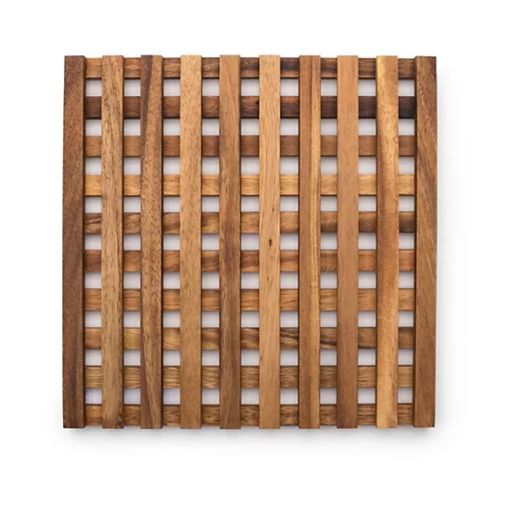 A wooden countertop trivet with a interlaced pattern