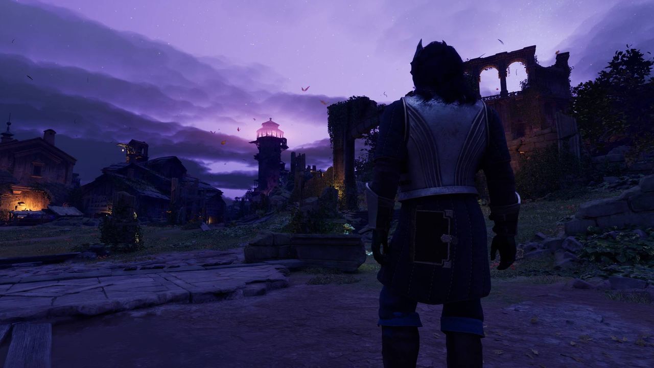 Avowed photo mode capturing a moment at nighttime where the Envoy looks out towards the lighthouse which is framed the a purple-hued sky