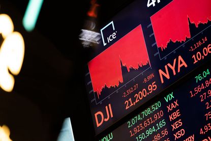 NEW YORK, NY - MARCH 12: A board on the floor of the New York Stock Exchange (NYSE) on the floor of the New York Stock Exchange (NYSE)on March 12, 2020 in New York City. The Dow Jones Industr