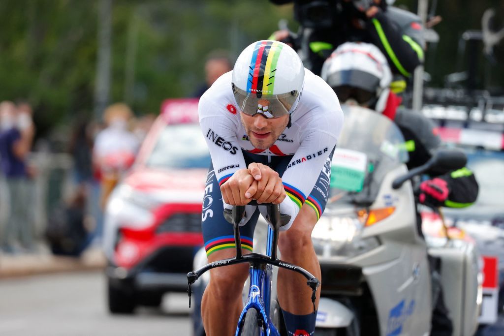 Team Ineos rider Italys Filippo Ganna competes in the first stage of the Giro dItalia 2021 cycling race a 86 km individual time trial on May 8 2021 in Turin Photo by Luca Bettini AFP Photo by LUCA BETTINIAFP via Getty Images