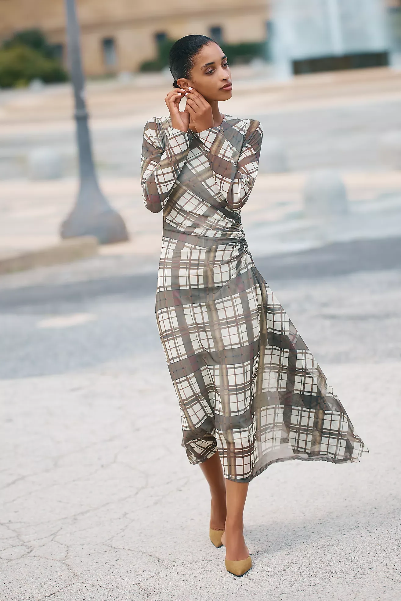 By Anthropologie Long-Sleeve Ruched Mesh Midi Dress