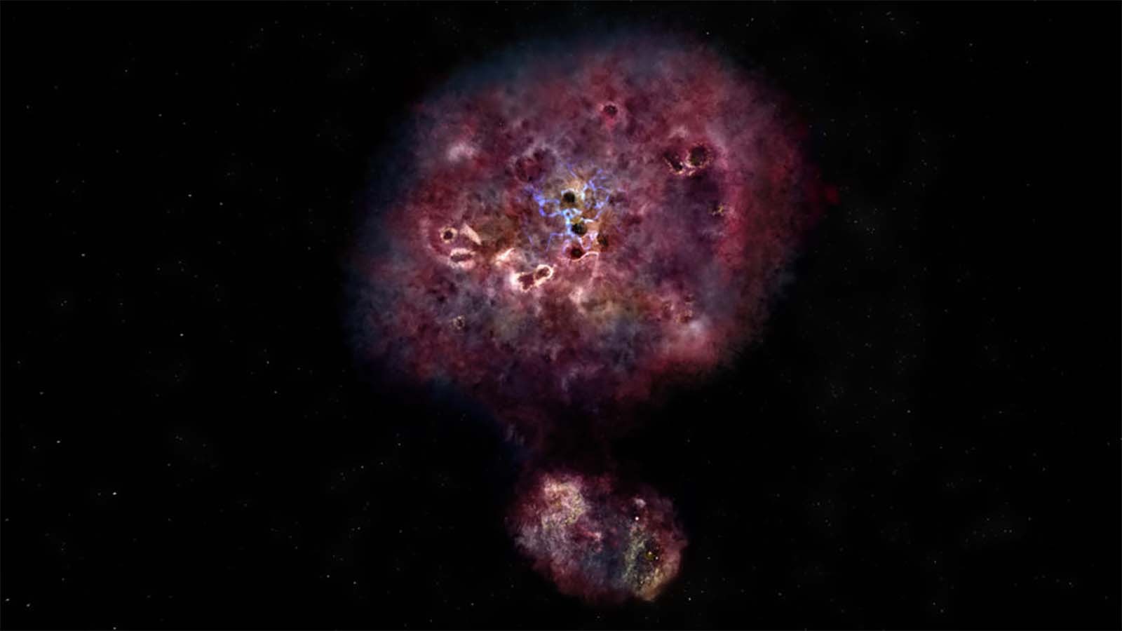 Artist impression of what the galaxy MAMBO-9 would look like in visible light. The galaxy is very dusty and it has yet to build most of its stars.