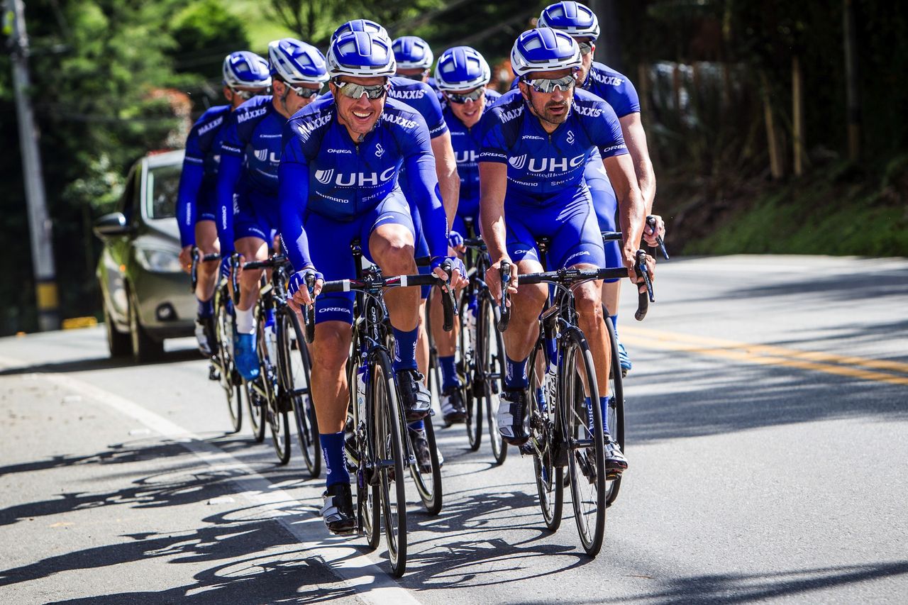 The 2017 UnitedHealthcare Pro Cycling Men&rsquo;s team at training camp in Colombia. Carlos Alzate (left) and Sebastian Haedo (right) lead the group