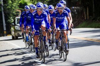 The 2017 UnitedHealthcare Pro Cycling Men’s team at training camp in Colombia. Carlos Alzate (left) and Sebastian Haedo (right) lead the group