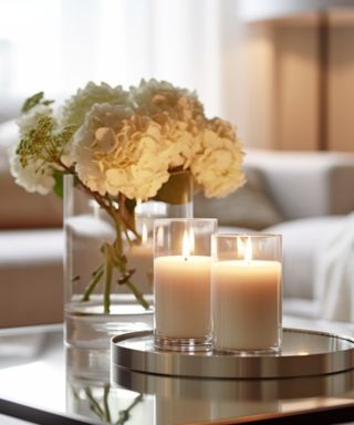 An image of a living room coffee table with a tray, candles and a vase of flowers on it, with a cream couch in the background