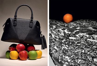 Left, a prototype bag made of apple skin and . Right, made using orange fiber fabric