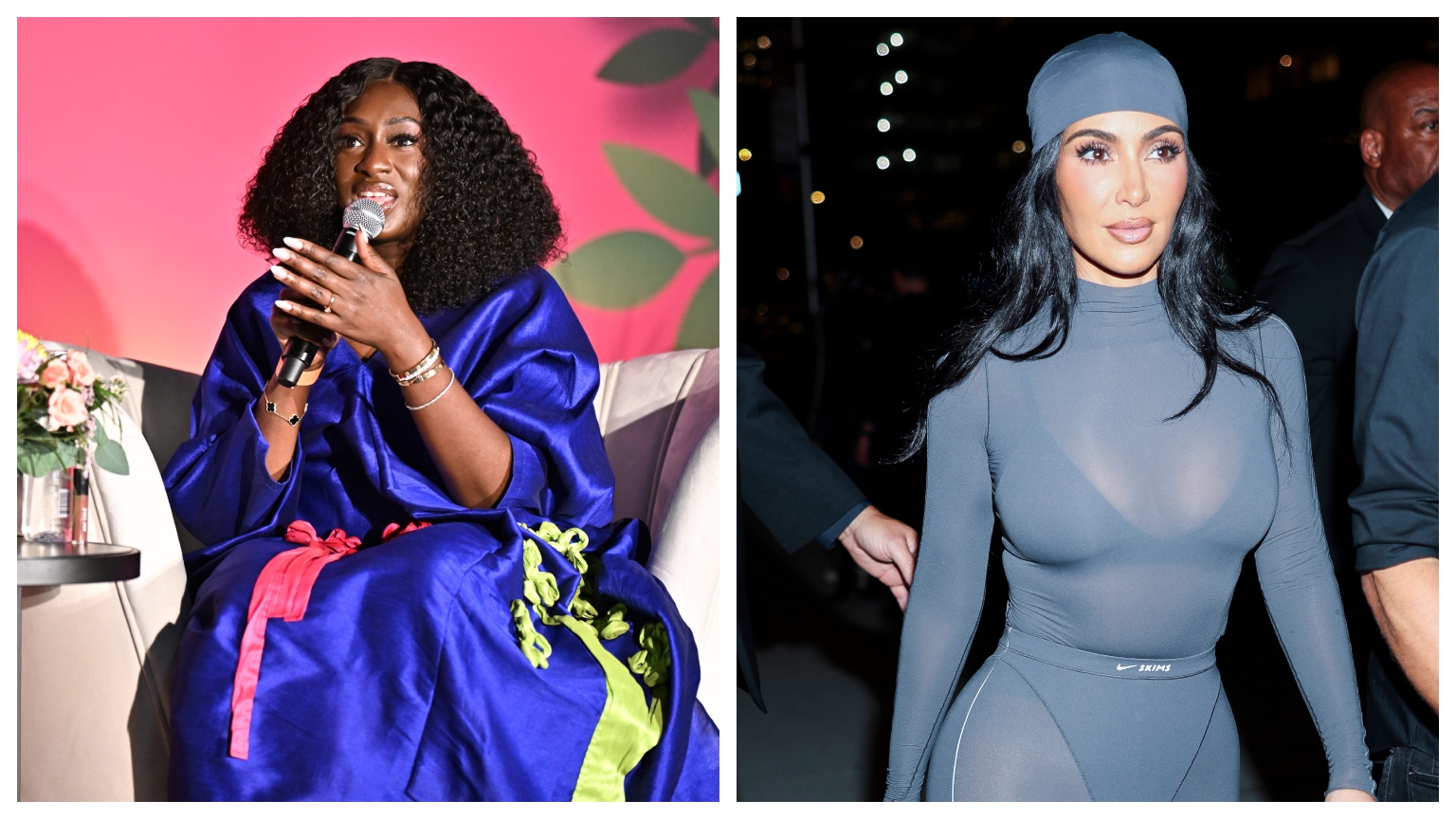 a split image of two women, one in a bright blue dress, the other in a gray bodysuit