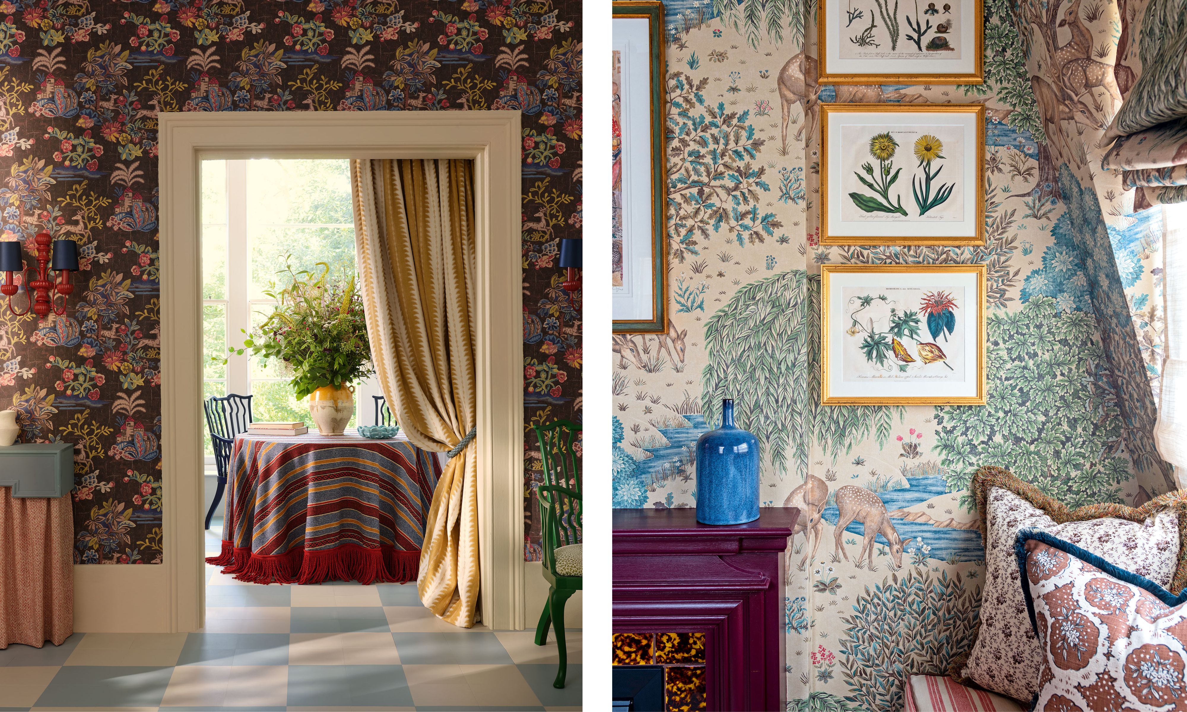 Two interior design vignettes featuring maximalist use of pattern: on the left, a dark, floral wallpaper in a hallway contrasts with a lighter, striped curtain and a checked floor leading to a dining room; on the right, a beige, pastoral-themed wallpaper is layered with framed botanical prints, patterned curtains, and cushions
