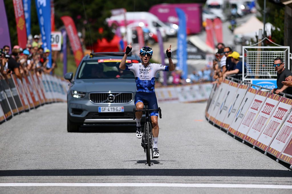 LES ANGLES FRANCE JUNE 18 Michael Woods of Canada and Team Israel Premier Tech celebrates winning during the 46th La Route dOccitanie La Depeche du Midi 2022 Stage 3 a 1887km stage from Sigean to Les Angles 1841m RDO2022 on June 18 2022 in Les Angles France Photo by Dario BelingheriGetty Images