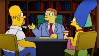 Lionel Hutz talks with Homer and Marge in his office in The Simpsons.