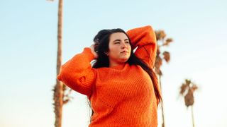 People in nature, Orange, Red, Fun, Smile, Happy, Sky, Tree, Photography, Outerwear,
