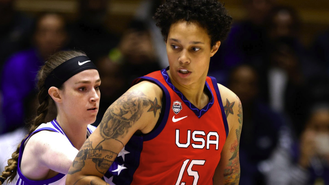 Brittney Griner #15 of the US National Team moves the ball ahead of the women&#039;s basketball live stream at Olympics 2024