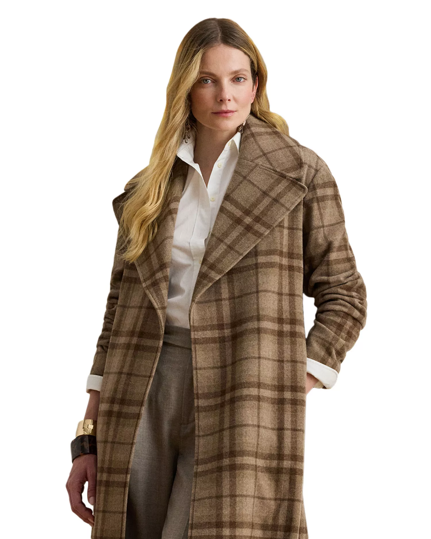 Plaid Wool Blend Twill Wrap Coat
