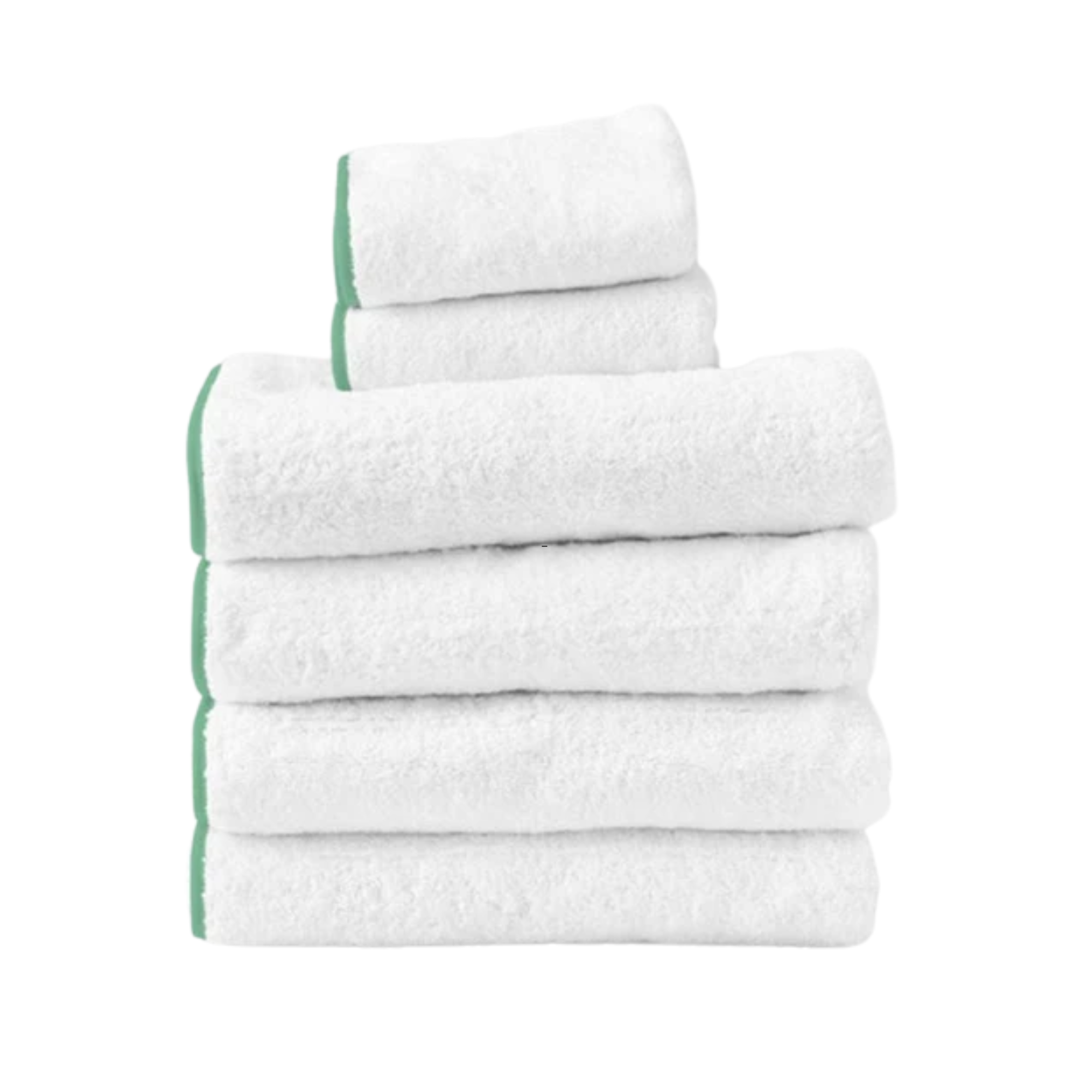 a stack of towels with green trim