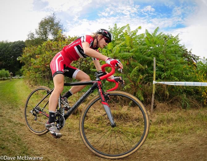 Maghalie Rochette (Cyclocrossworld.com) riding solidly in second place