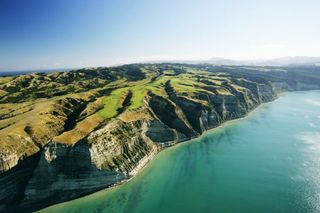 Cape Kidnappers and the ocean pictured from above