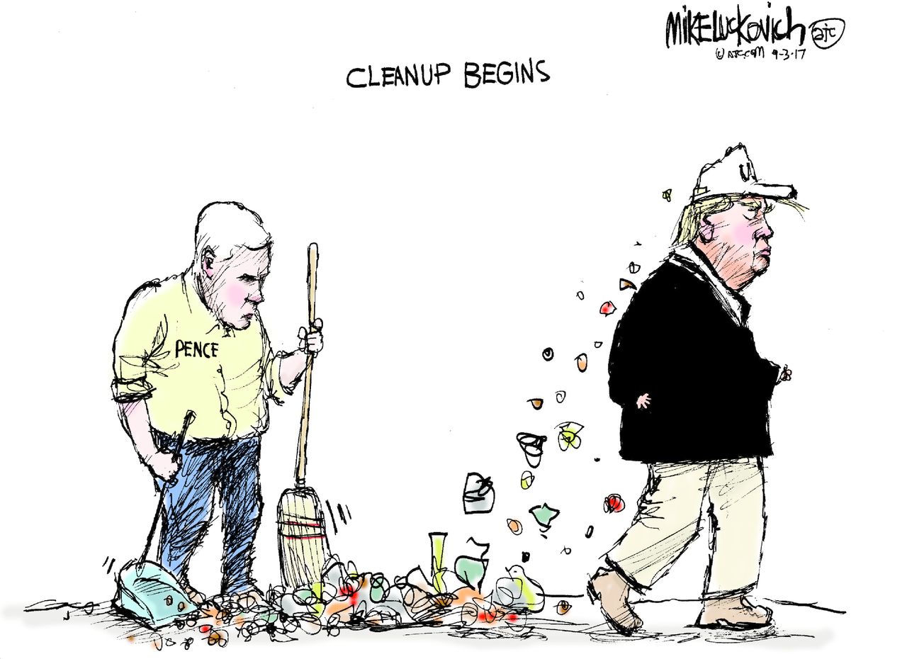 Political cartoon U.S. Trump Pence Harvey cleanup