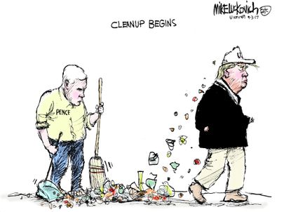 Political cartoon U.S. Trump Pence Harvey cleanup