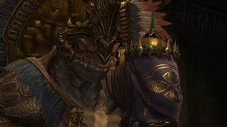 The king of Tural in Final Fantasy 14: Dawntrail rests, imposingly, upon his throne.