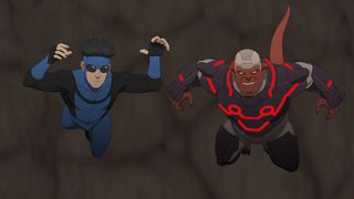 Mark Grayson and Damien Darkblood falling into a dark pit in Invincible season 4