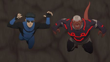 Mark Grayson and Damien Darkblood falling into a dark pit in Invincible season 4