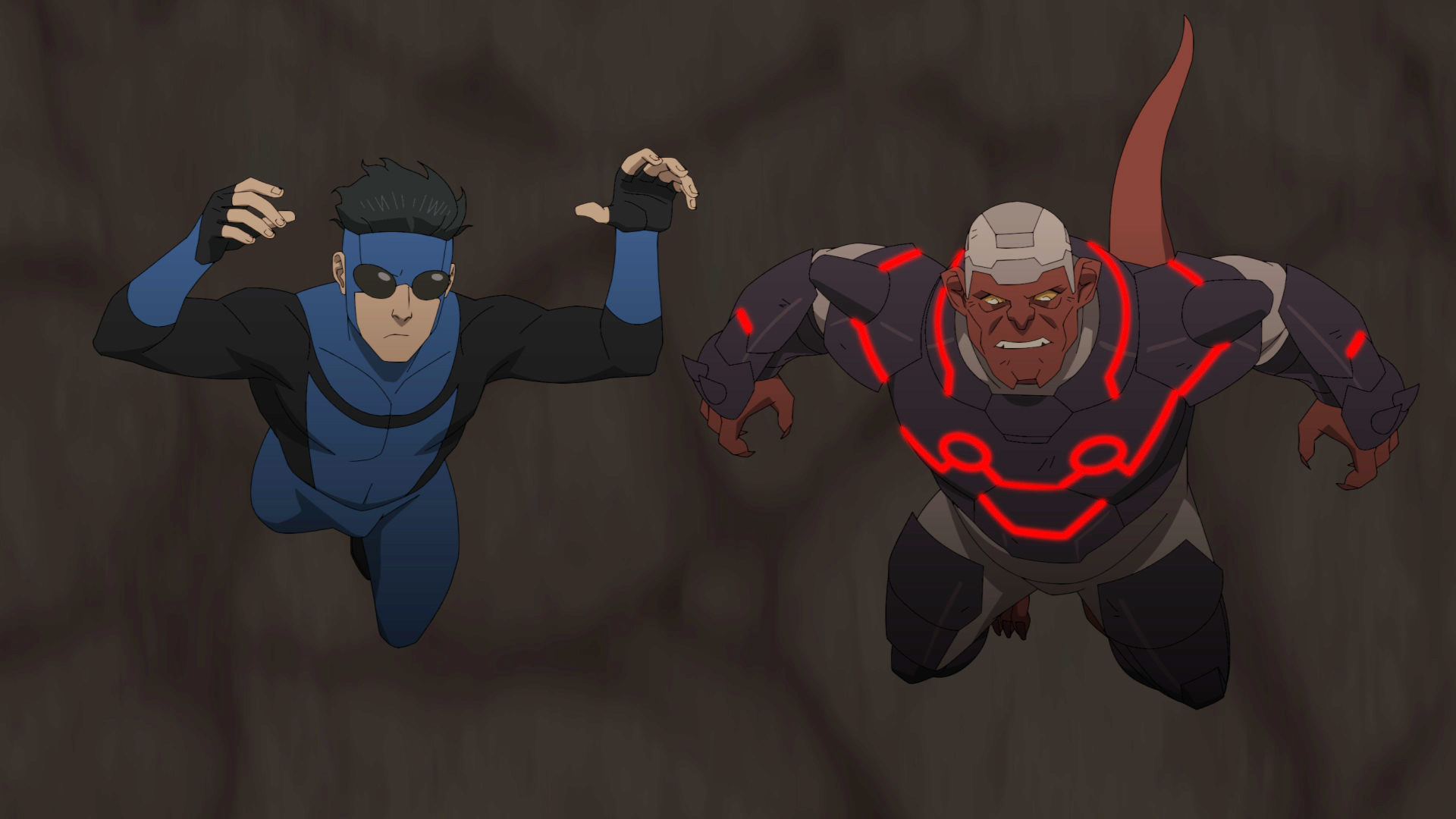 Mark Grayson and Damien Darkblood falling into a dark pit in Invincible season 4